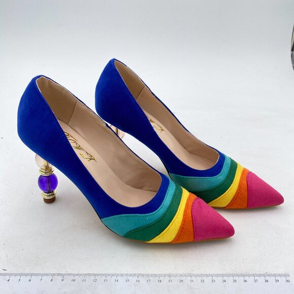 FOWT Navy Rainbow Wave Pattern Pointed Toe Jewelry High Heel Slip On Party Pumps - Picture 3 of 7